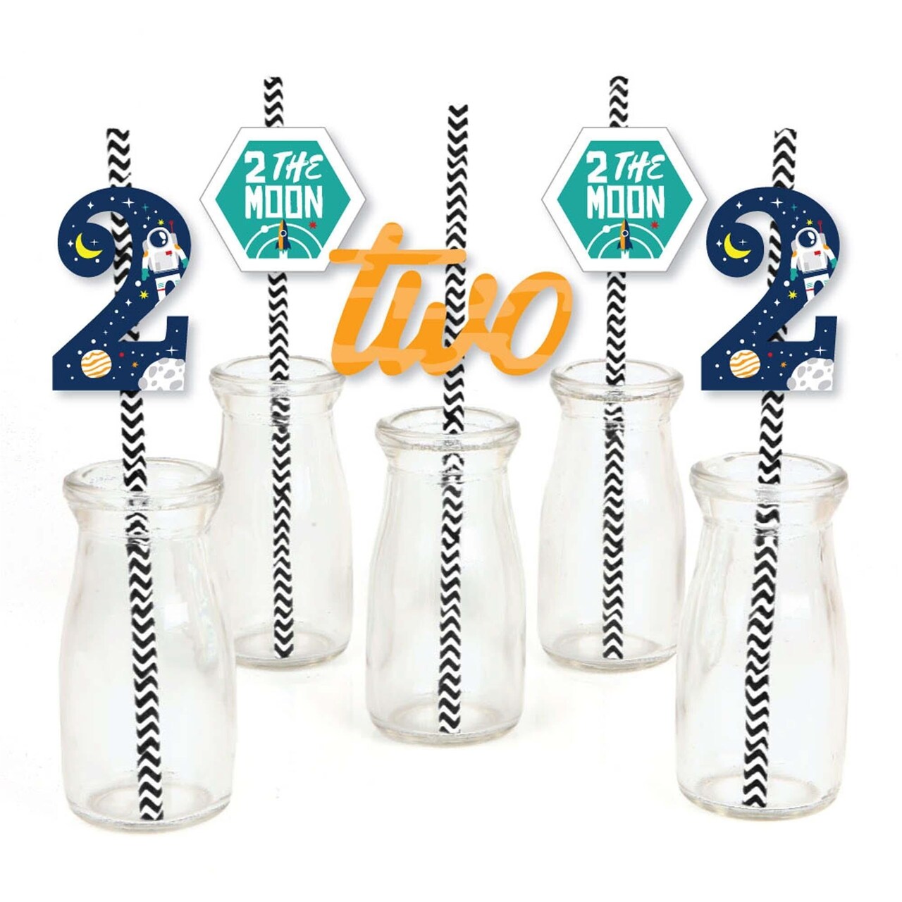 Big Dot of Happiness 2nd Birthday Two The Moon - Paper Straw Decor - Outer Space Second Birthday Party Striped Decorative Straws - Set of 24